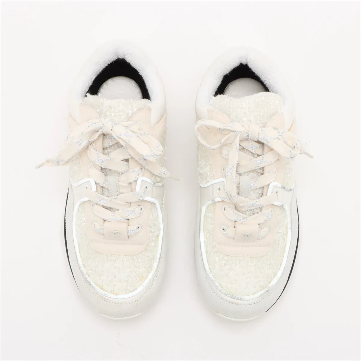 Chanel CC Logo Suede x Fabric Sneakers Ivory x White