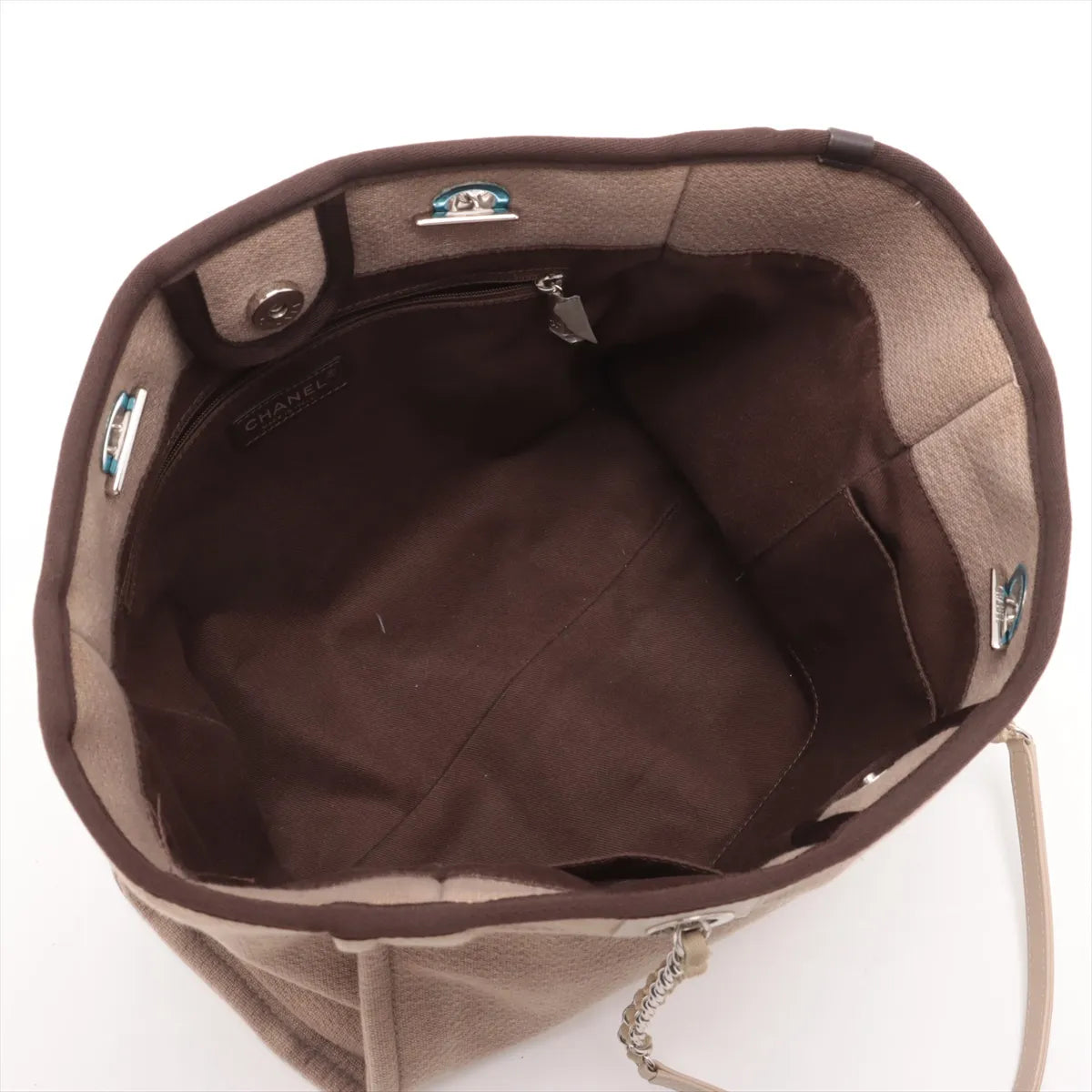 Chanel Deauville MM Canvas Leather Chain Tote Bag Beige