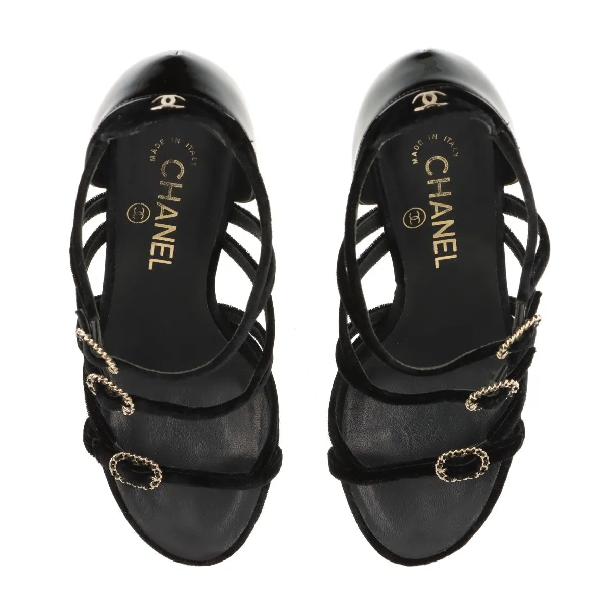 Chanel CC Logo Strappy Buckle Velvet Sandal Black