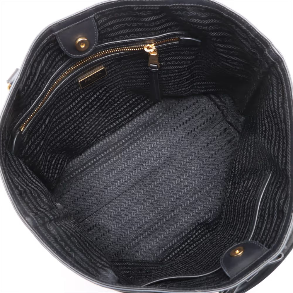 Prada Logo Jacquard Canvas Leather Tote Bag Black