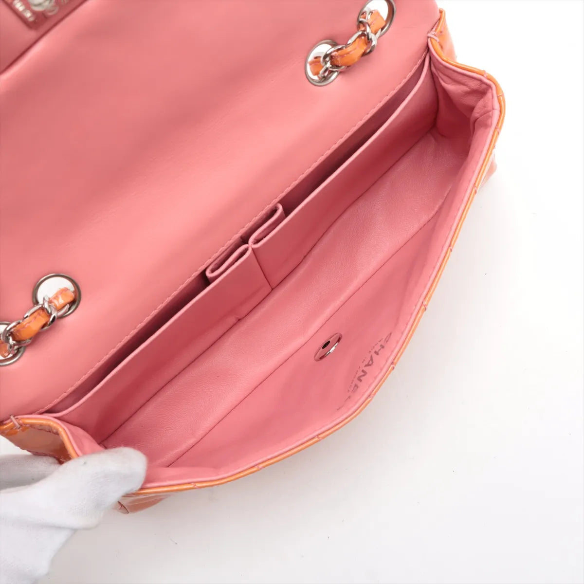 Chanel CC Logo Chevron Patent Leather Single Flap Double Chain Bag Salmon x Pink