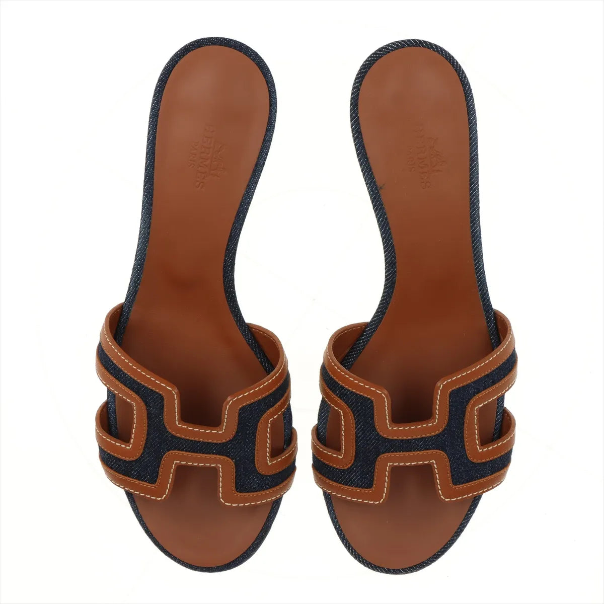 Hermes Oasis Denim & Leather Block Heel Sandals Brown x Denim