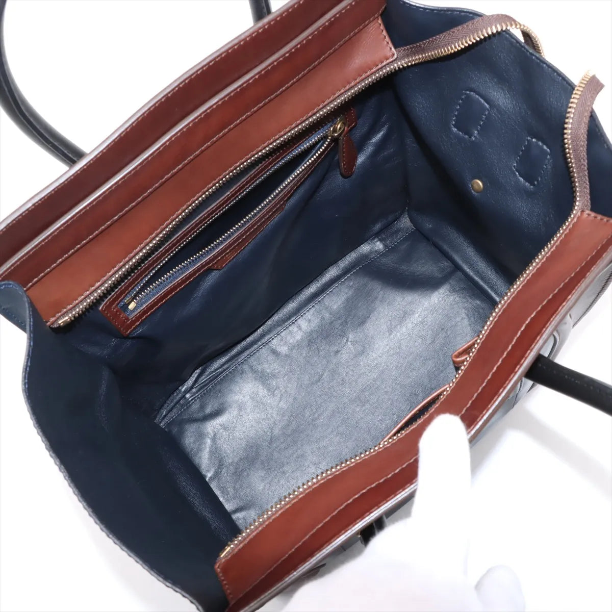 Celine Luggage Mini Shopper Leather Handbag Navy x Brown