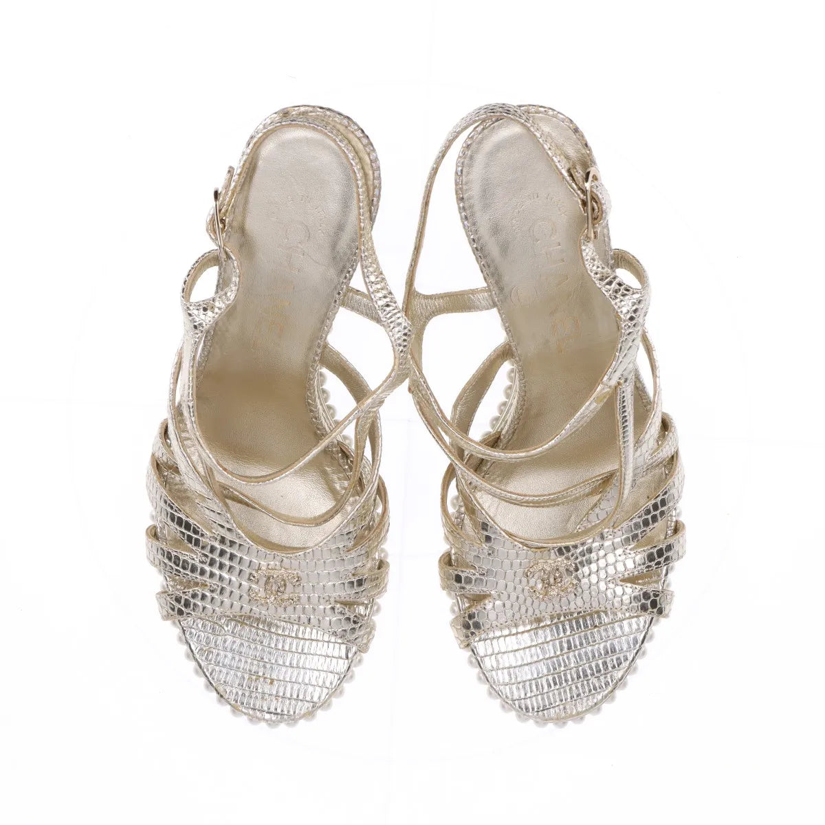 Chanel CC Logo Moc Lizard Wedge Sandal Gold