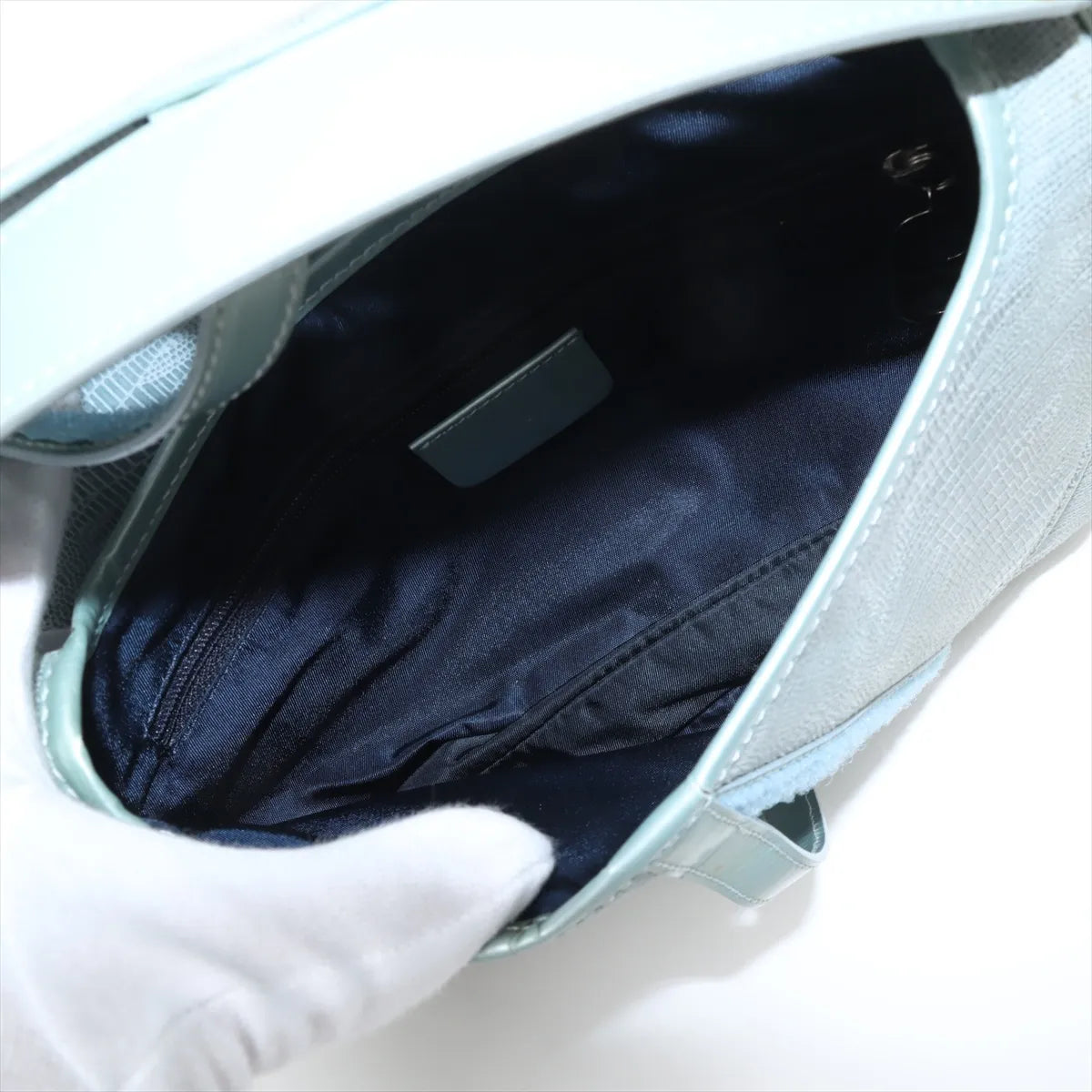 Christian Dior Double Saddle Lizard Embossing Leather Shoulder Bag Blue