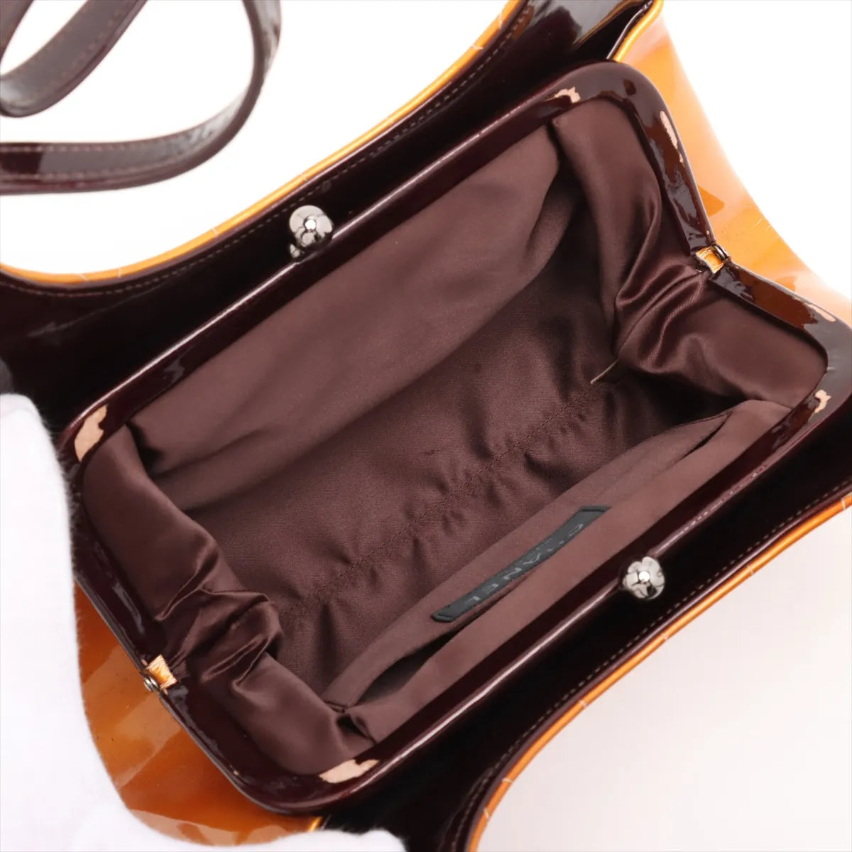 Chanel CC Logo Chocolate Bar Patent Leather Shoulder Bag Gold x Brown