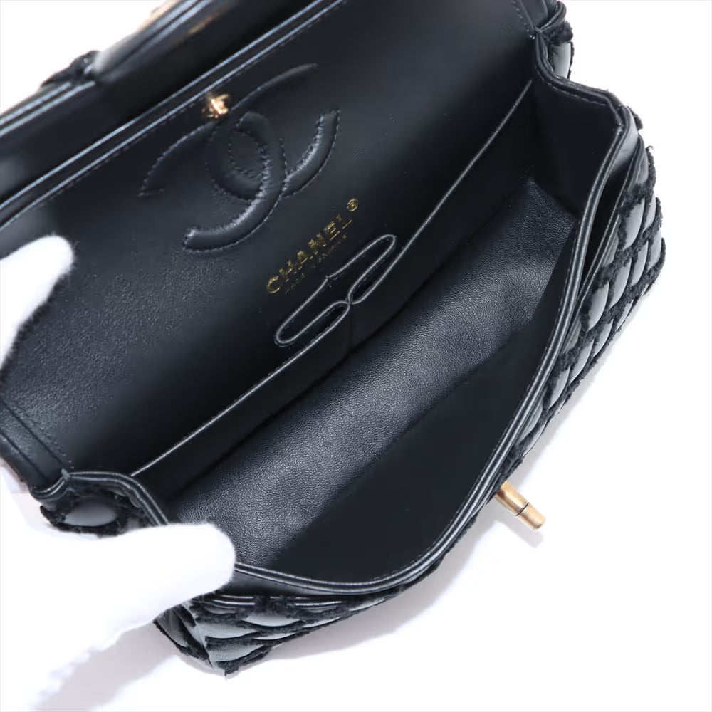 Chanel CC Logo Matelasse Lambskin Fabric Double Flap Double Chain Bag Black