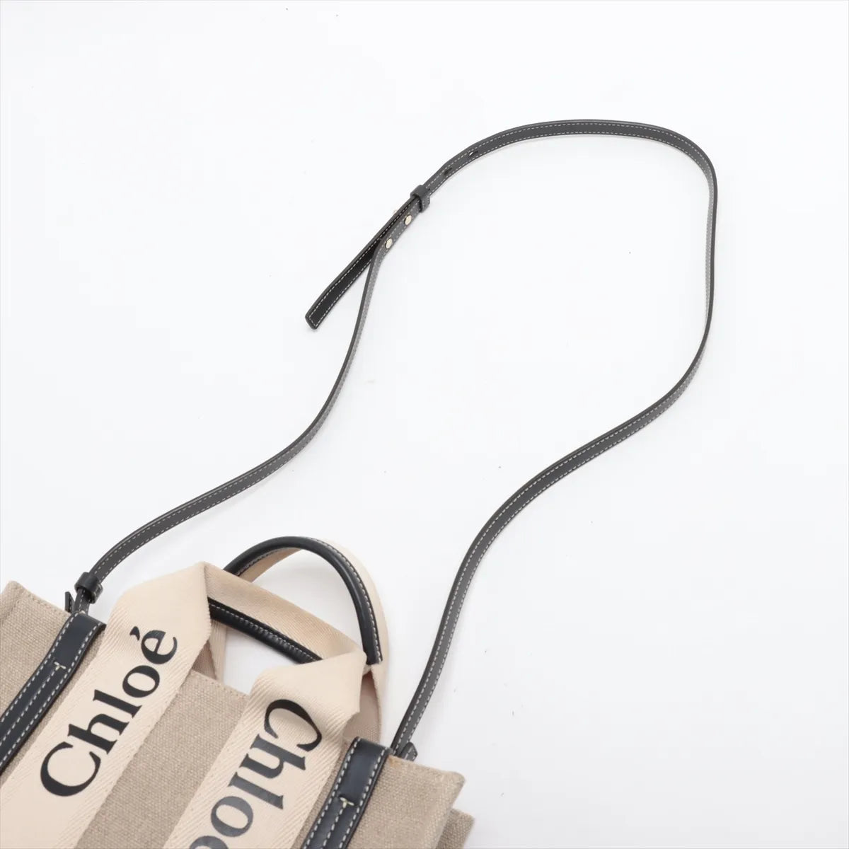 Chloe Woody Small Canvas Leather Two-Way Handbag Beige x Black