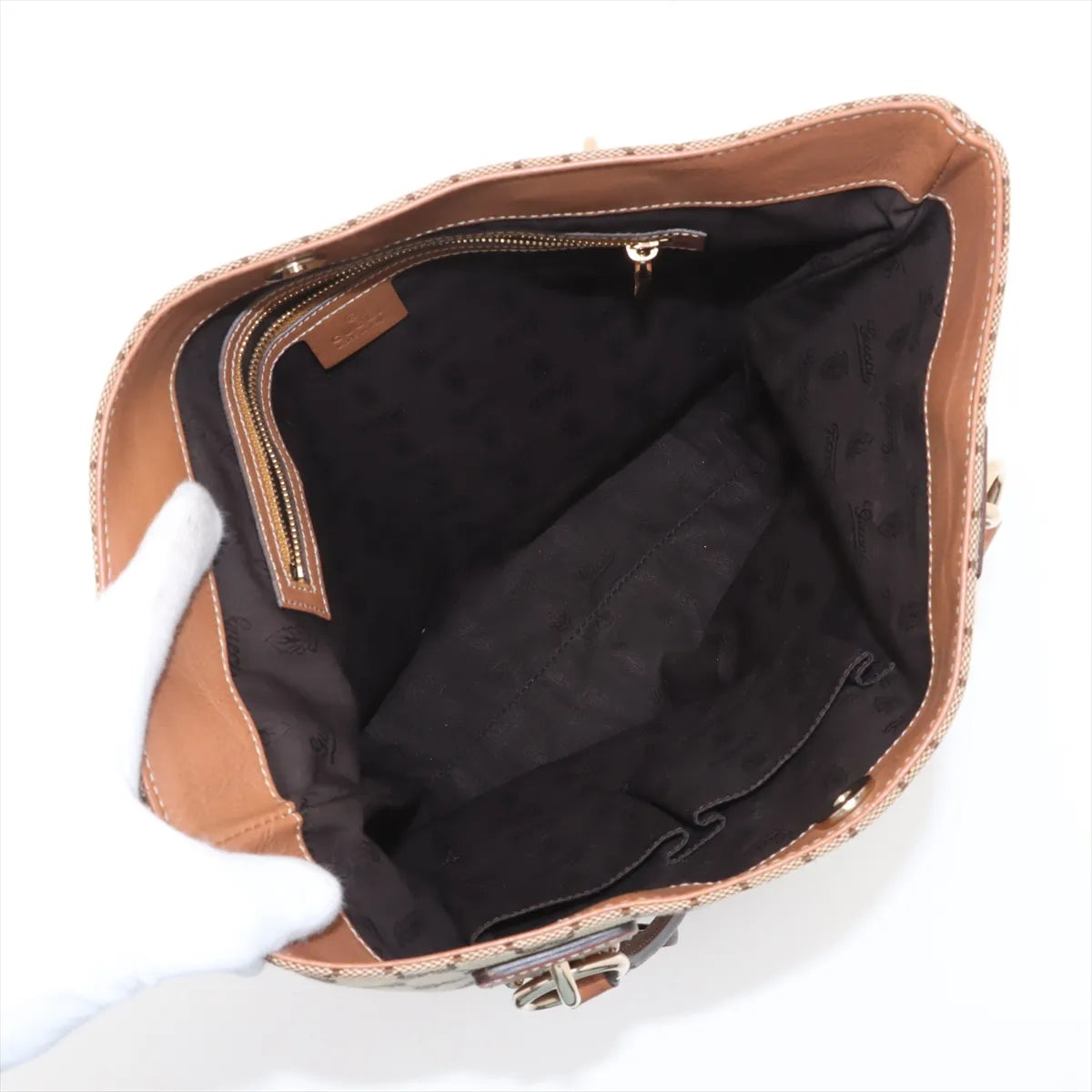 Gucci GG Canvas Leather Tote Bag Beige x Brown