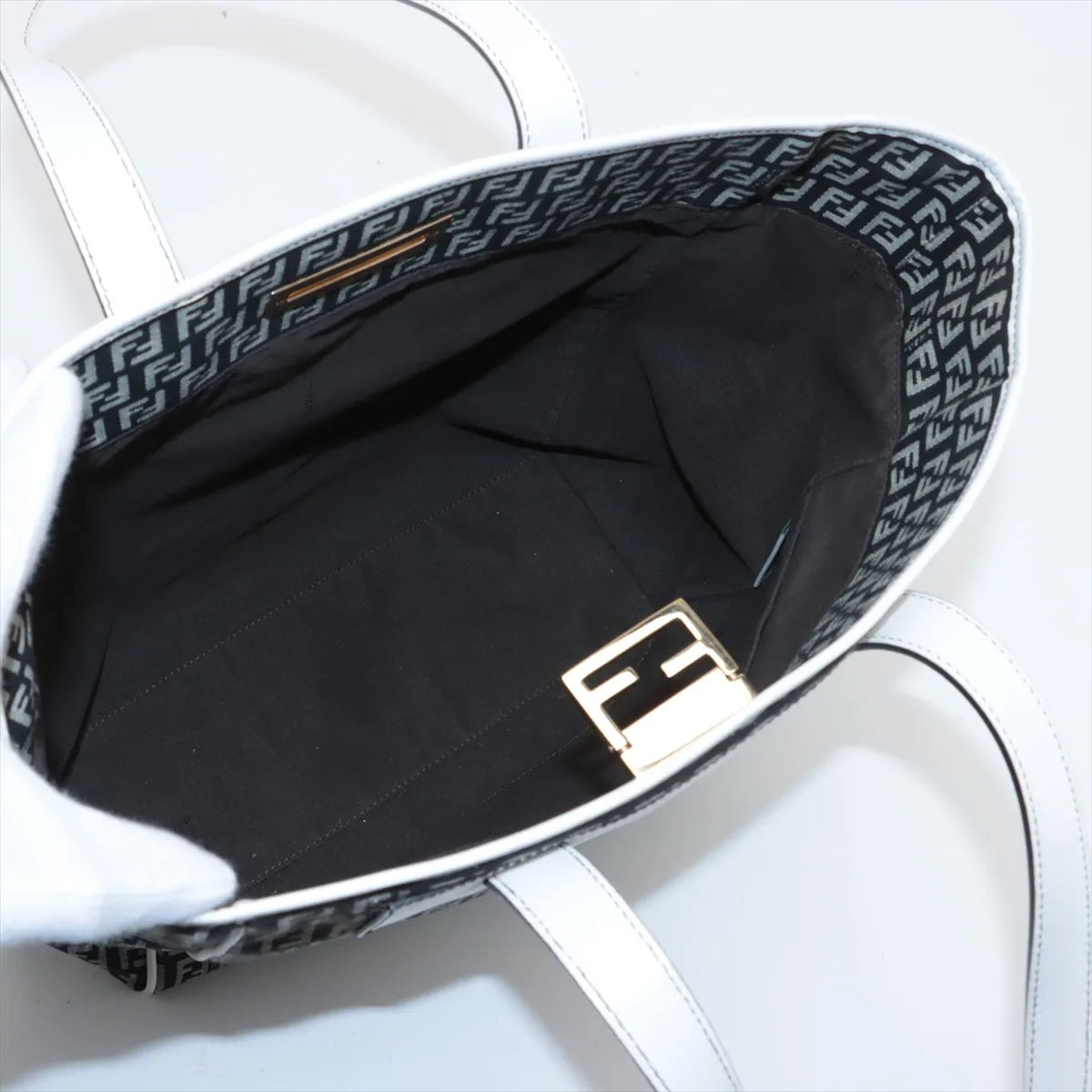 Fendi Zucchino Canvas Leather Tote Bag Black x White
