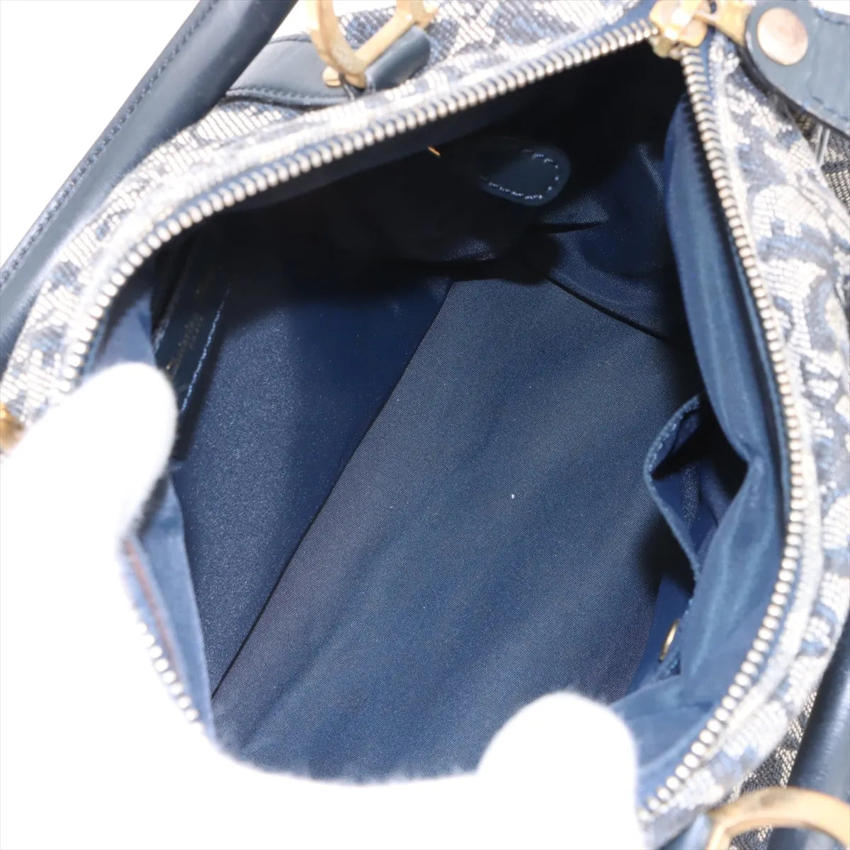 Christian Dior Trotter Canvas Leather Handbag Gray x Navy