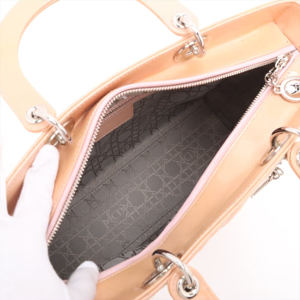 Christian Dior Lady Dior Cannage Patent Leather Two-Way Handbag Beige x Pink