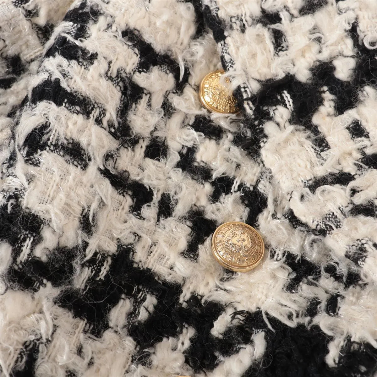 Balmain Tweed Wool Double Breasted Long Coat White x Black