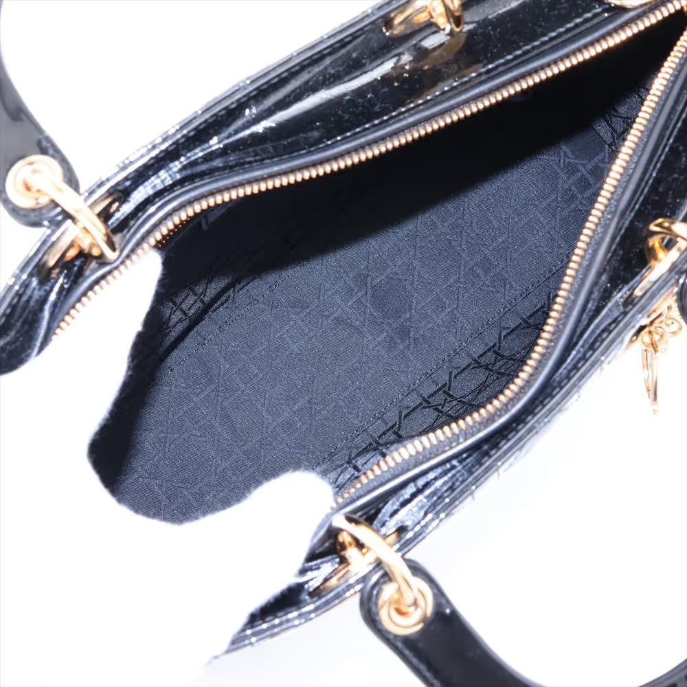 Christian Dior Cannage Lady Dior Large Patent Leather Two-Way Shoulder Bag Black