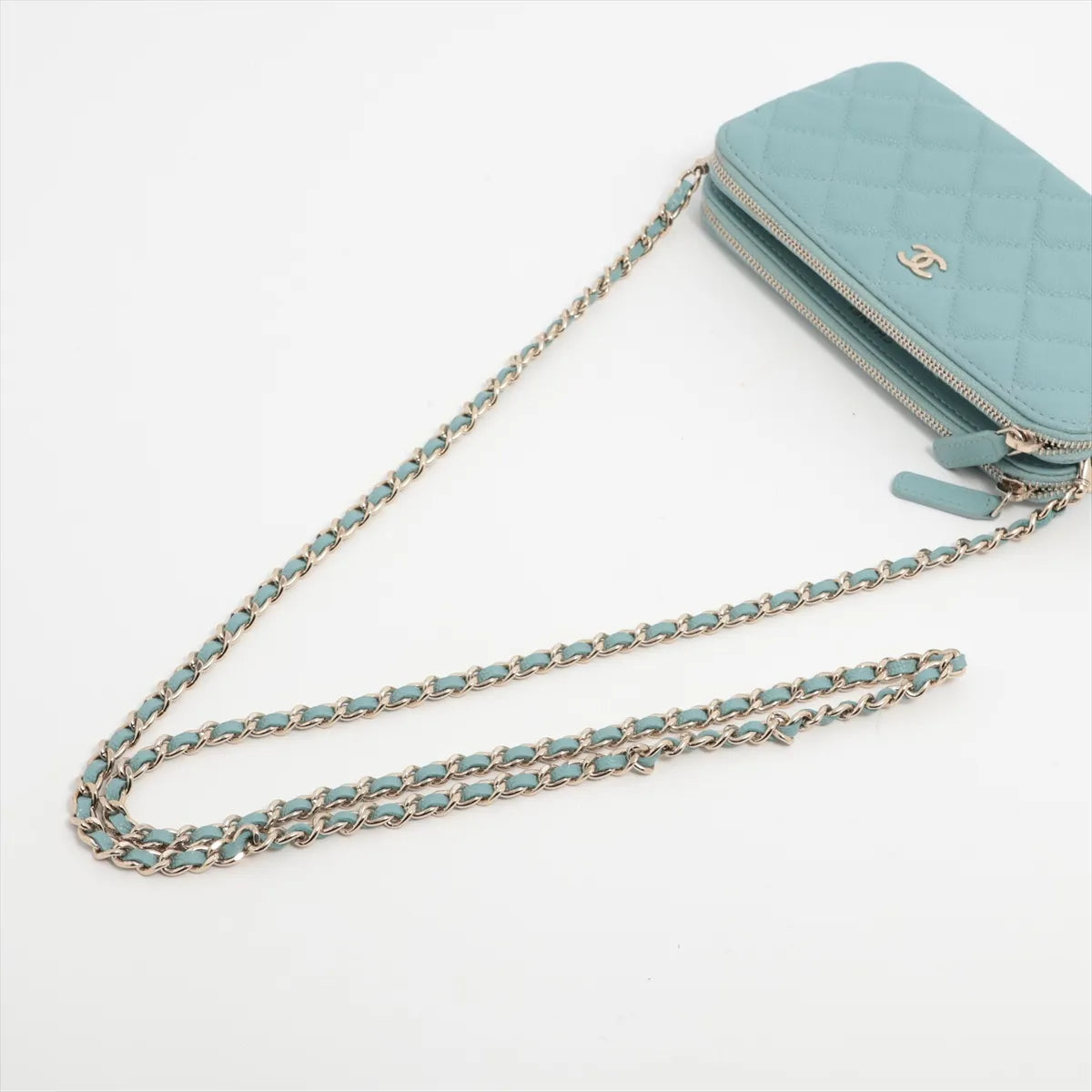 Chanel CC Logo Matelasse Caviar Skin Wallet on Chain Light Blue