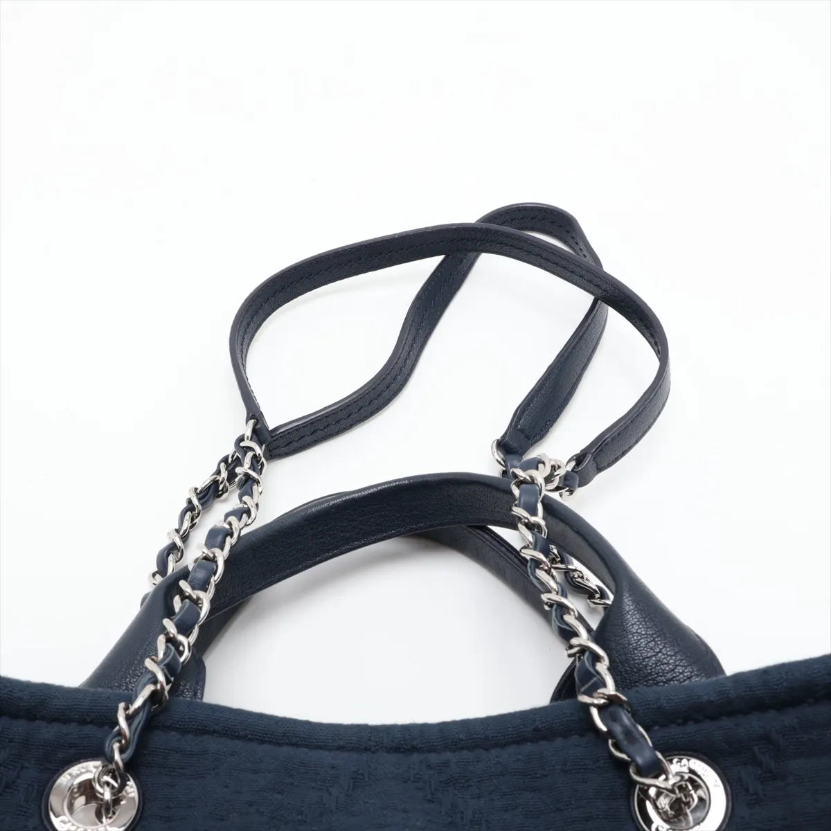 Chanel CC Logo Cotton Leather Chain Fringe Tote Bag Navy Blue