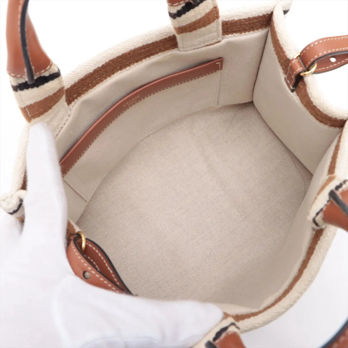 Celine Striped Canvas Leather Two-Way Handbag Brown