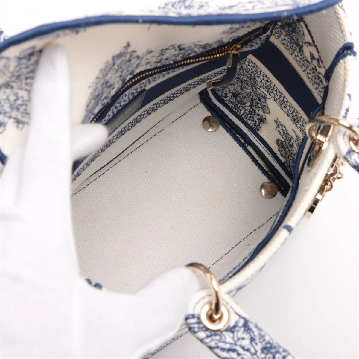 Christian Dior Lady D-Lite Medium Canvas Two-Way Shoulder Bag White x Blue