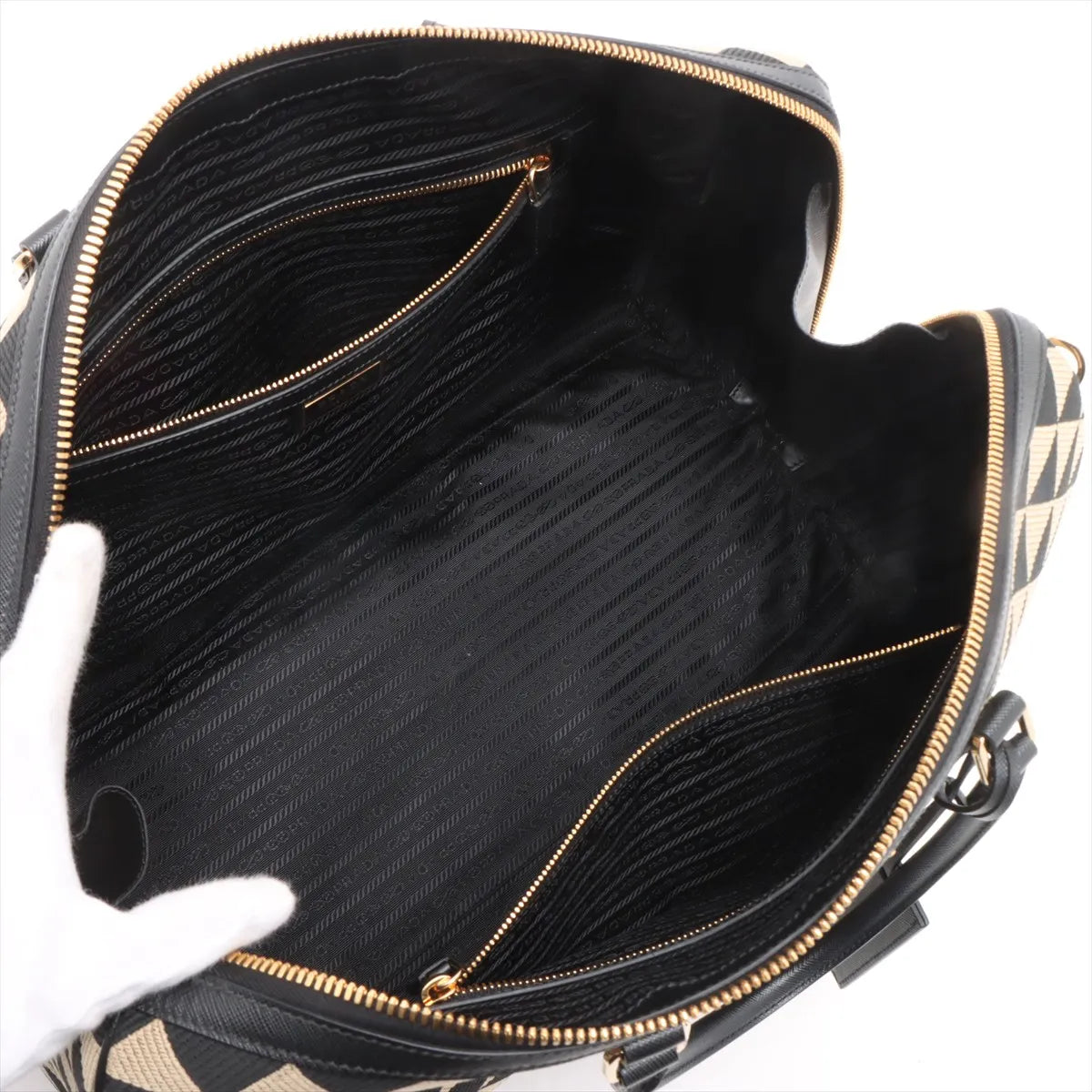 Prada Embroidery Fabric x Leather Two-Way Boston Bag Beige x Black