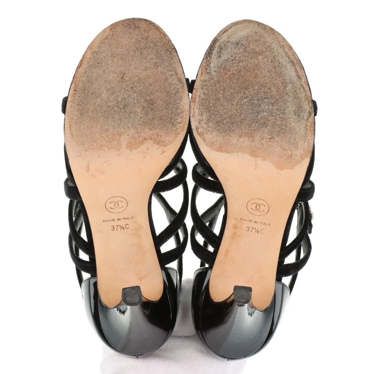 Chanel CC Logo Strappy Buckle Velvet Sandal Black