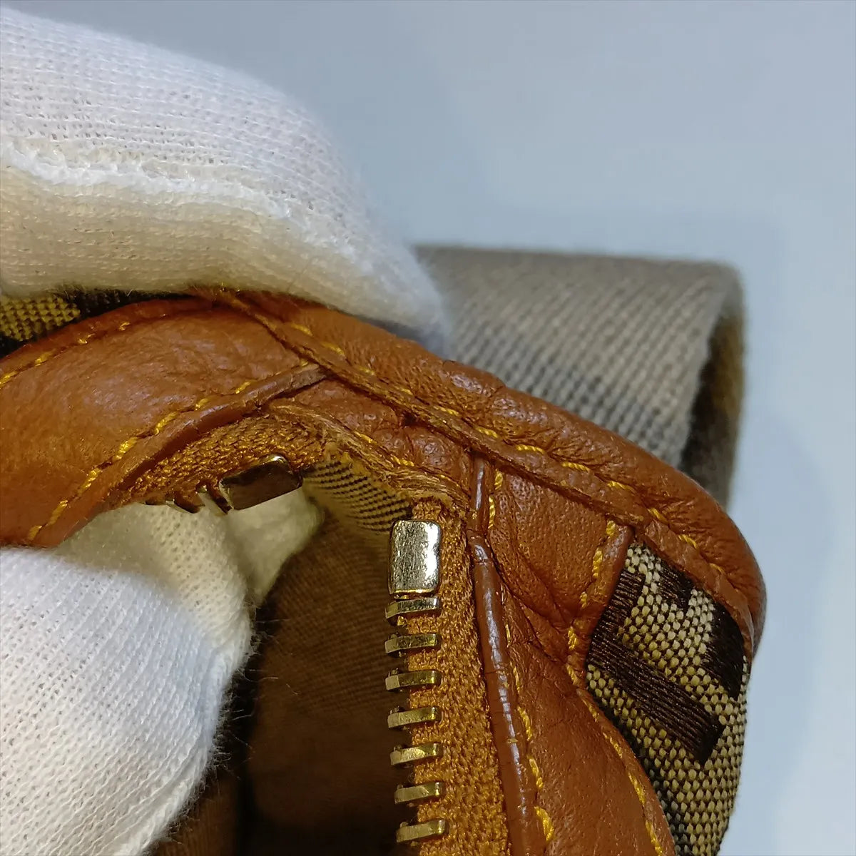 Fendi Zucchino Canvas Leather Shoulder Bag Beige×Brown