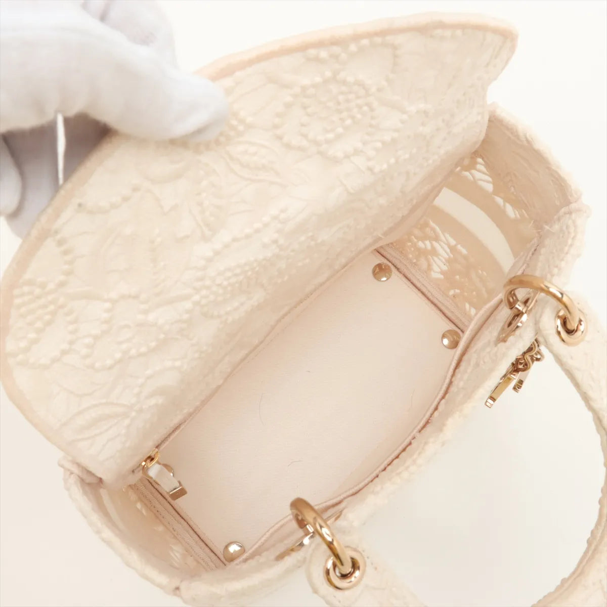 Christian Dior Lady D-Lite Medium Embroided Lace Two-Way Handbag White