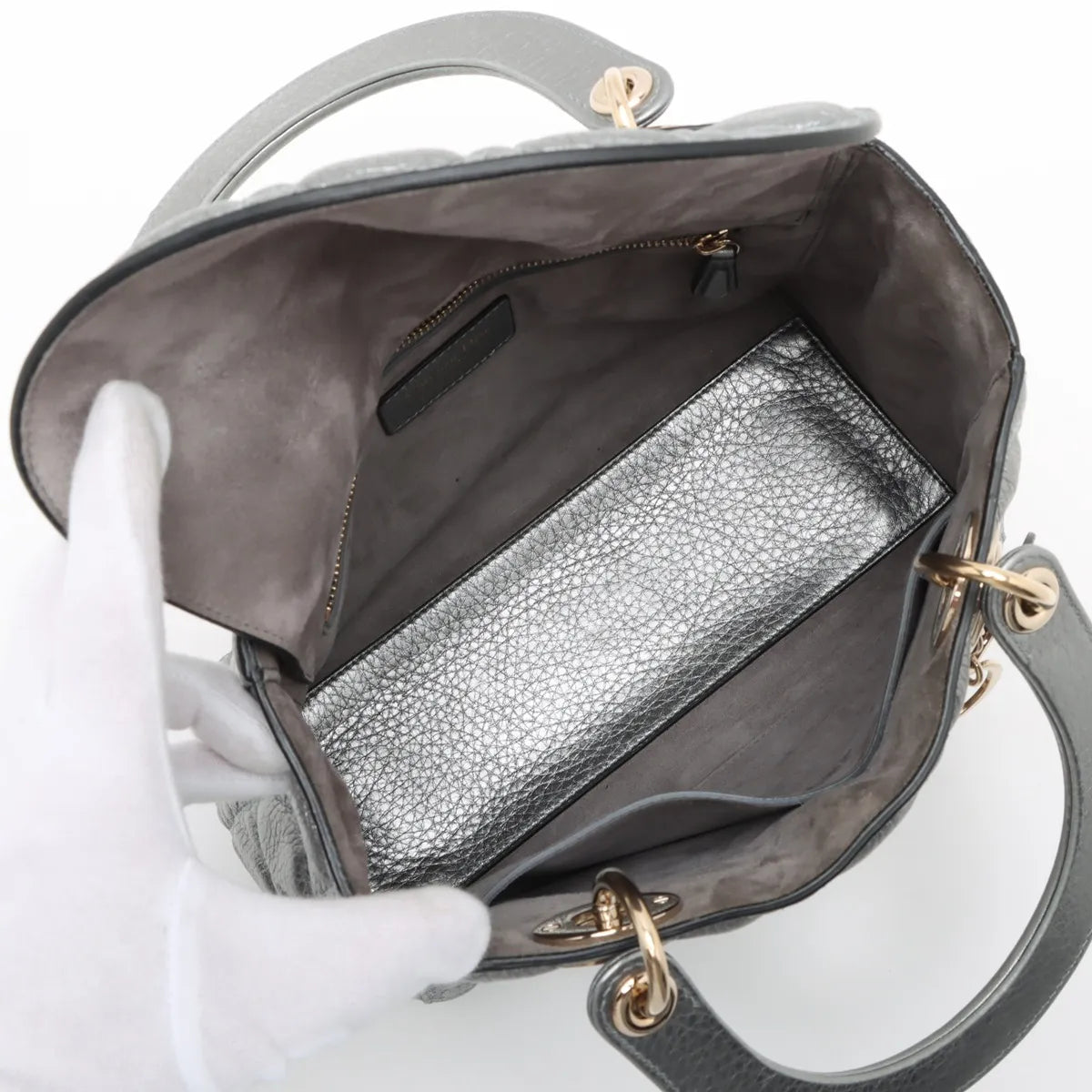 Christian Dior Lady Dior Cannage Leather Two-Way Shoulder Silver