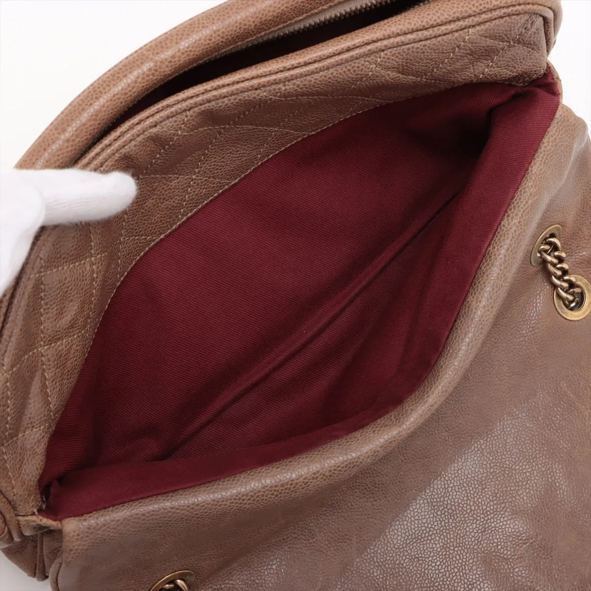 Chanel CC Logo Matelasse Caviar Skin Single Flap Double Chain Bag Brown