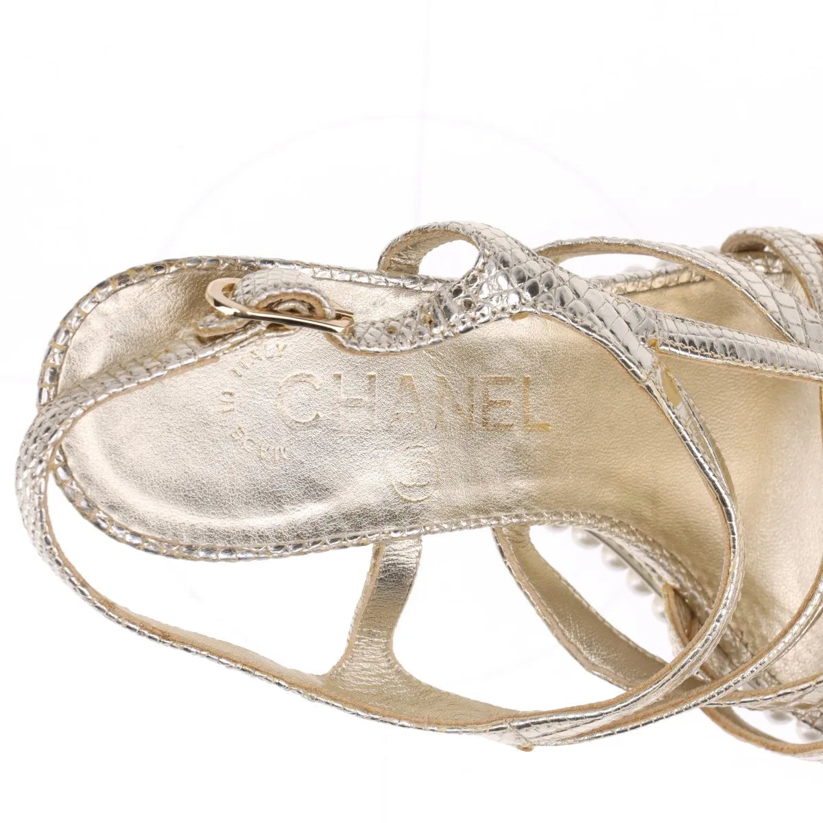 Chanel CC Logo Moc Lizard Wedge Sandal Gold