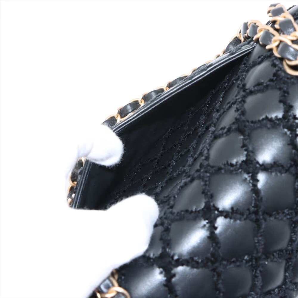 Chanel CC Logo Matelasse Lambskin Fabric Double Flap Double Chain Bag Black