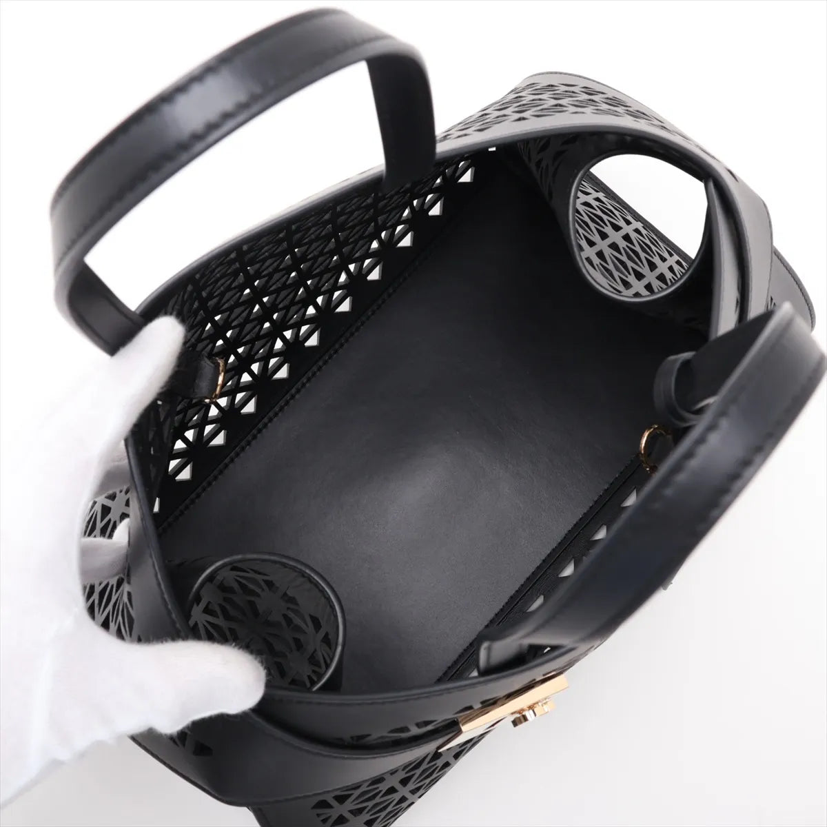 Ferragamo Hug Lazer-cut Panels Leather Two-Way Handbag Black