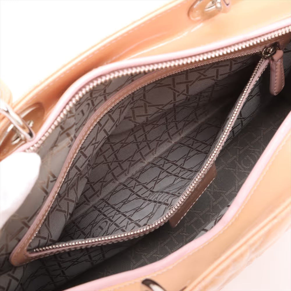 Christian Dior Lady Dior Cannage Patent Leather Two-Way Handbag Beige x Pink