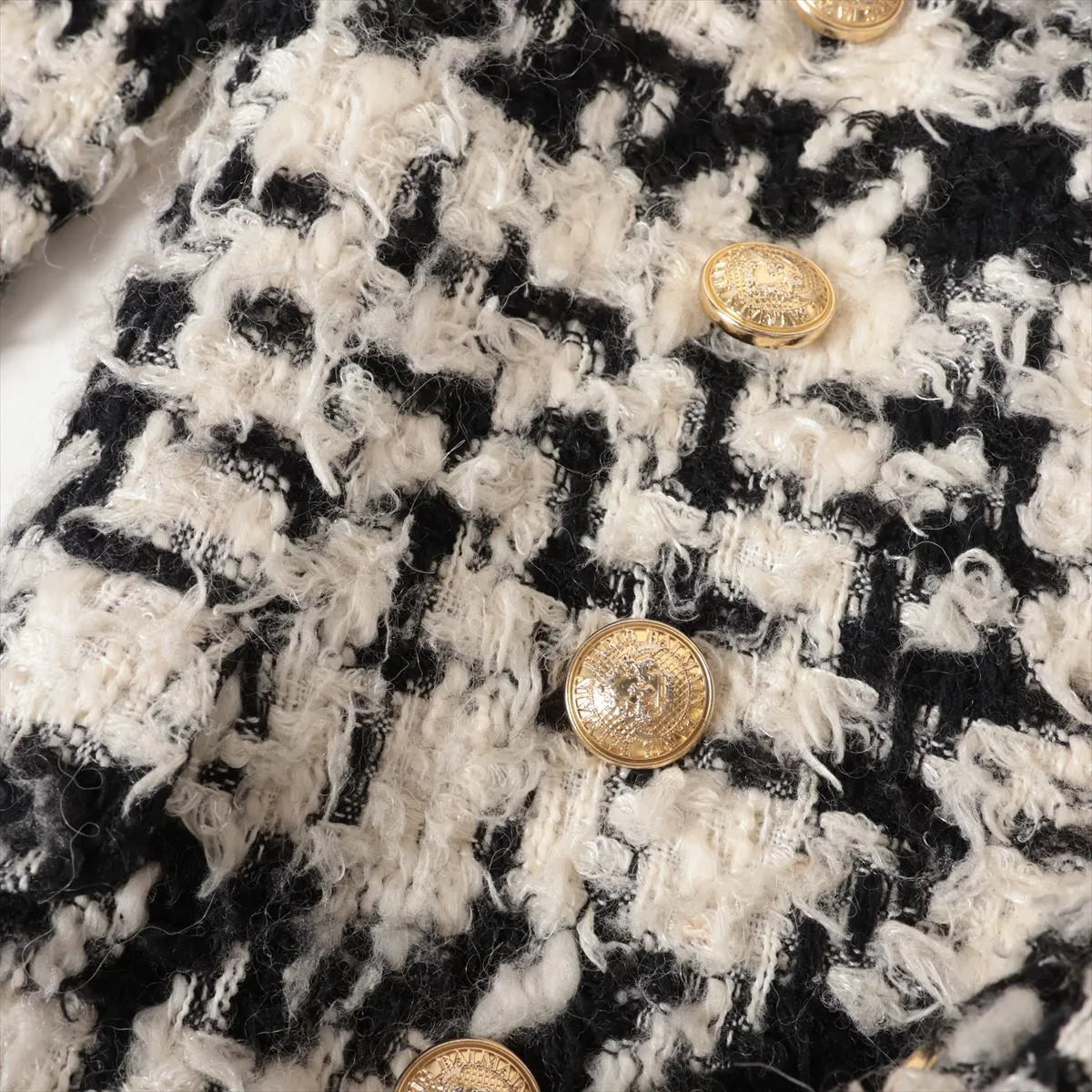 Balmain Tweed Wool Double Breasted Long Coat White x Black