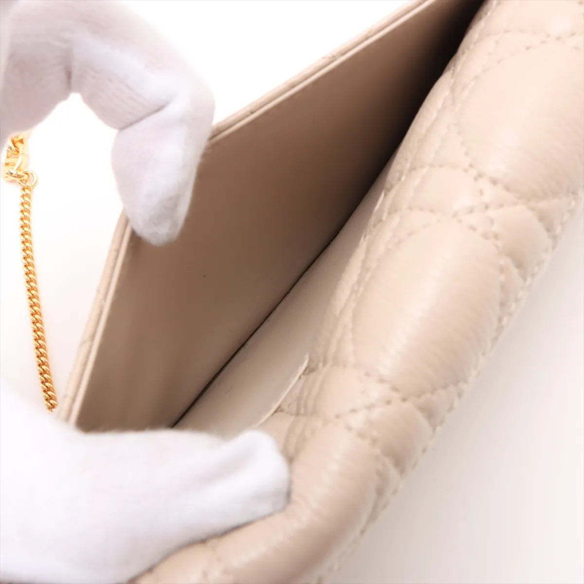Christian Dior Cannage Caro Leather Wallet on Chain Beige