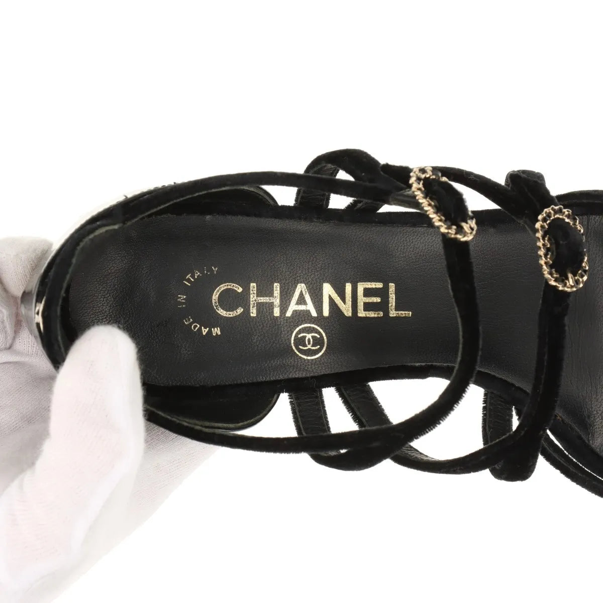 Chanel CC Logo Strappy Buckle Velvet Sandal Black