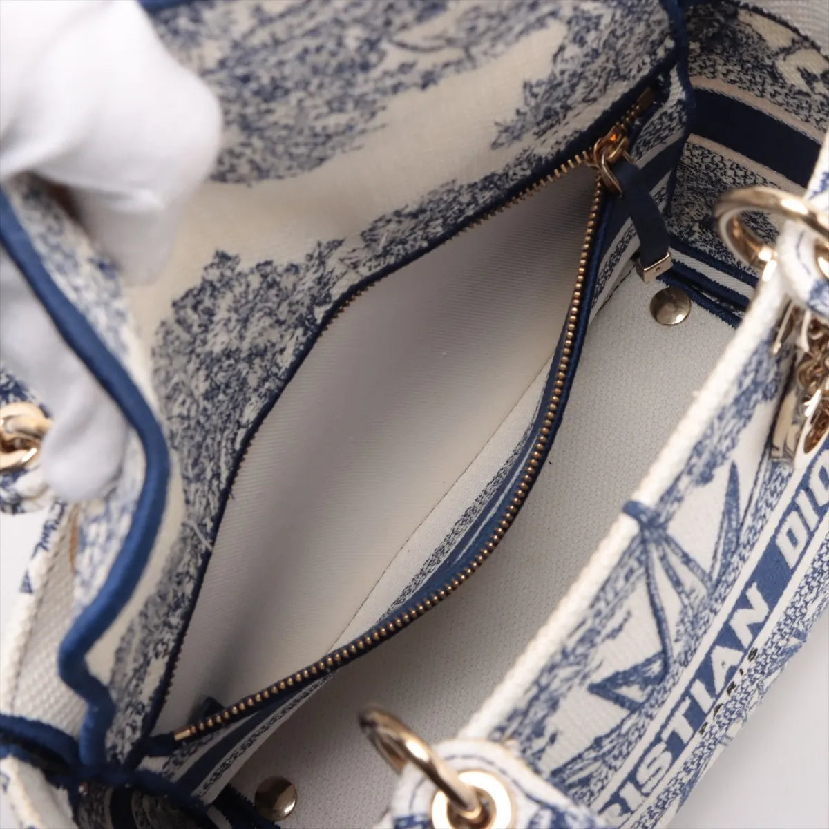 Christian Dior Lady D-Lite Medium Canvas Two-Way Shoulder Bag White x Blue