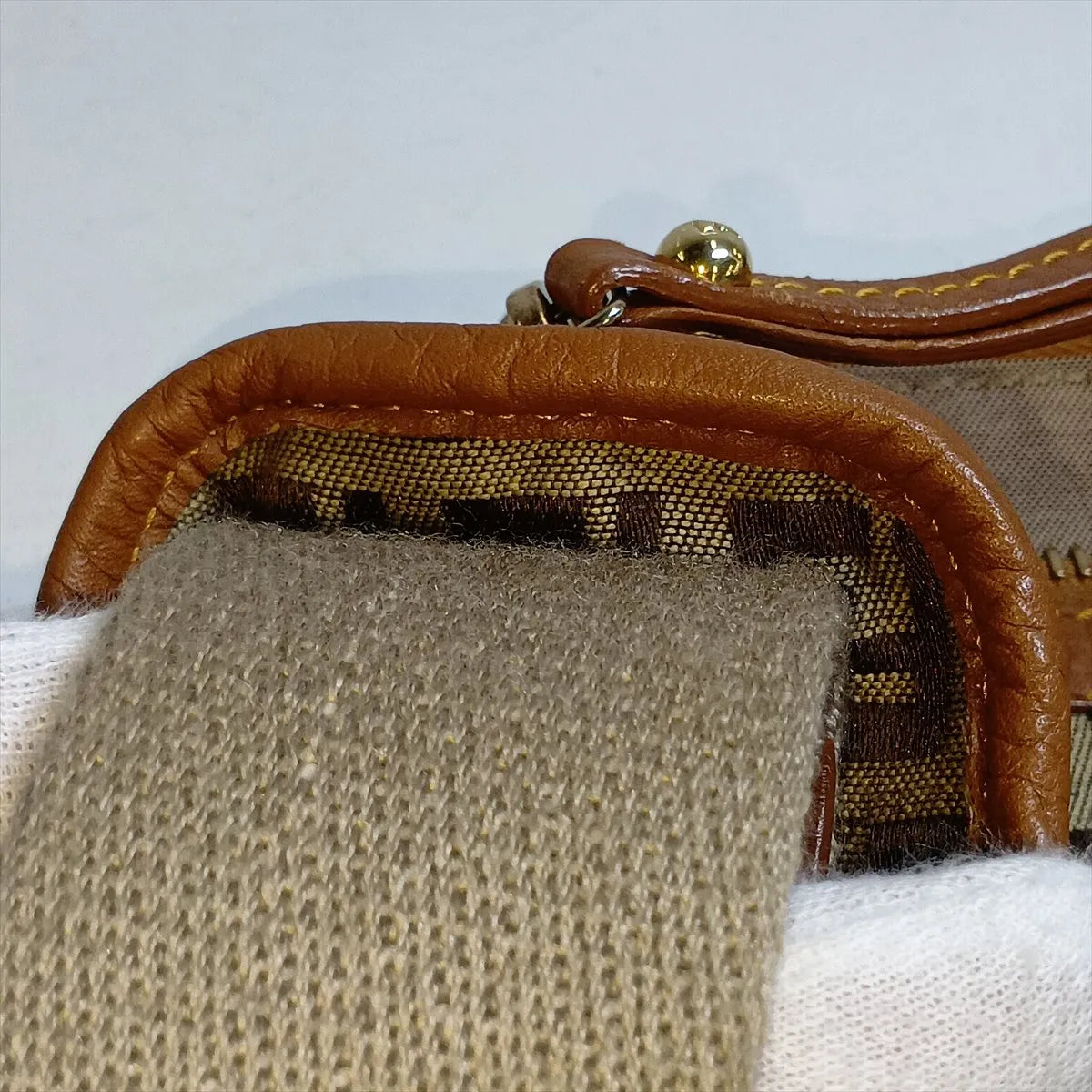 Fendi Zucchino Canvas Leather Shoulder Bag Beige×Brown