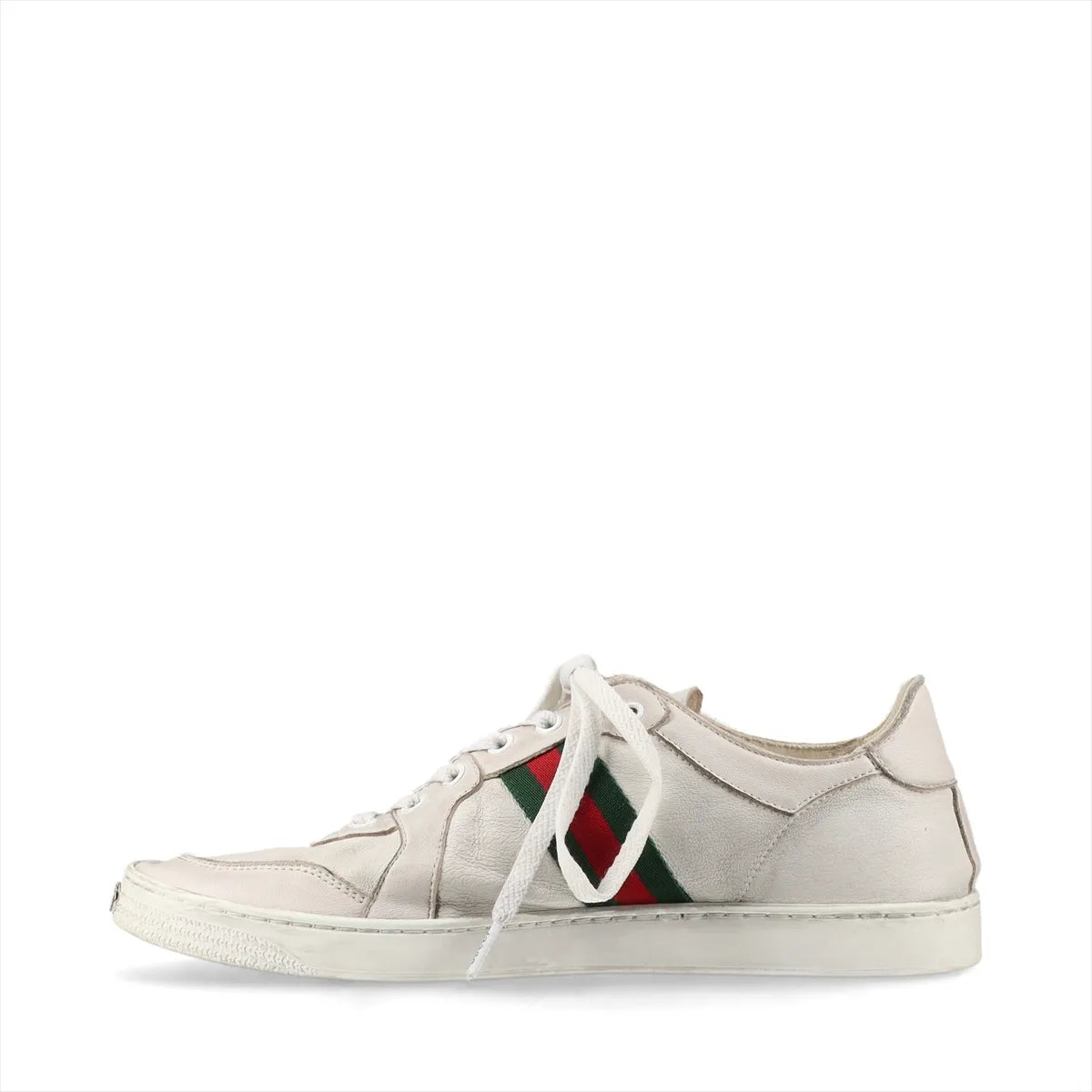 Gucci Web Stripe Leather Sneakers — Gray, Size 7; actual item photo 4