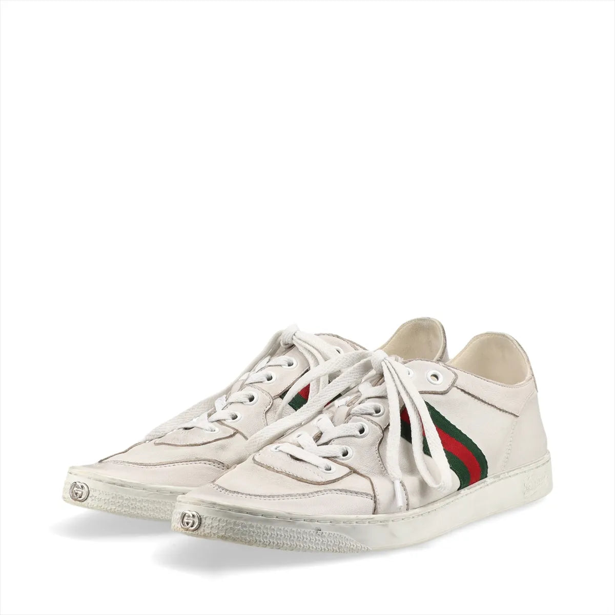 Gucci Web Stripe Leather Sneakers — Gray, Size 7; actual item photo 5