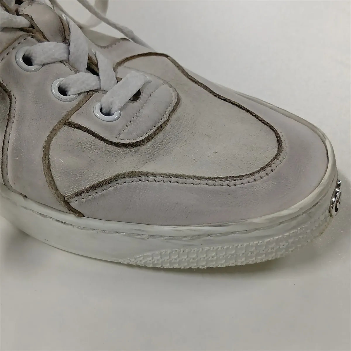 Gucci Web Stripe Leather Sneakers — Gray, Size 7; actual item photo 12