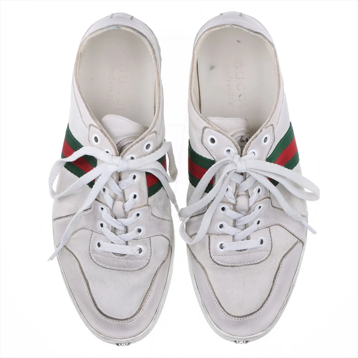 Gucci Web Stripe Leather Sneakers — Gray, Size 7; actual item photo 7
