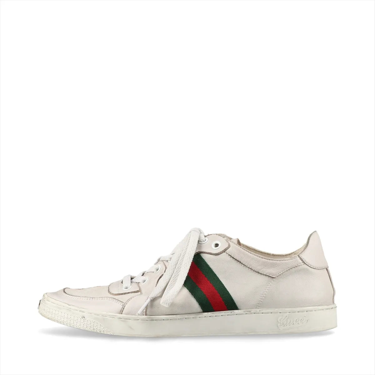 Gucci Web Stripe Leather Sneakers — Gray, Size 7; actual item photo 1
