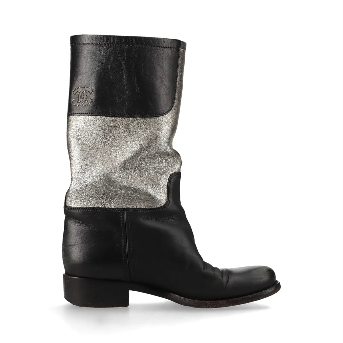 Chanel CC Leather Mid-Calf Boots — Silver & Black, 36C; actual item photo 2