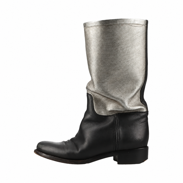 Chanel CC Leather Mid-Calf Boots — Silver & Black, 36C