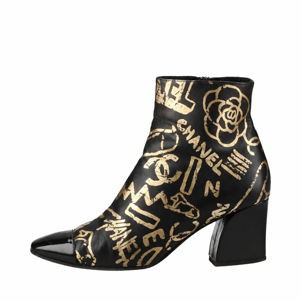 Chanel CC Leather & Patent Boots — Black & Gold, 38