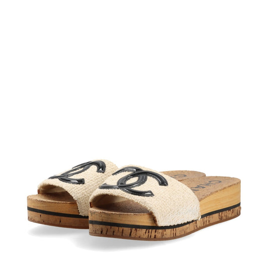Best Chanel CC Logo Fabric Wooden Sandal Ivory x Brown