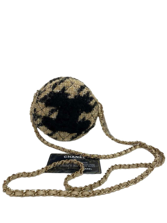 Best Chanel CC Logo Round Shearling Chain Shoulder Bag Beige x Black