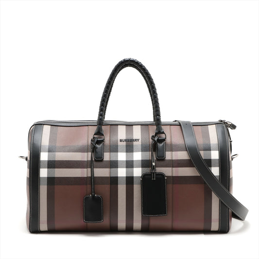 Burberry Check Leather Holdall Boston Bag Brown