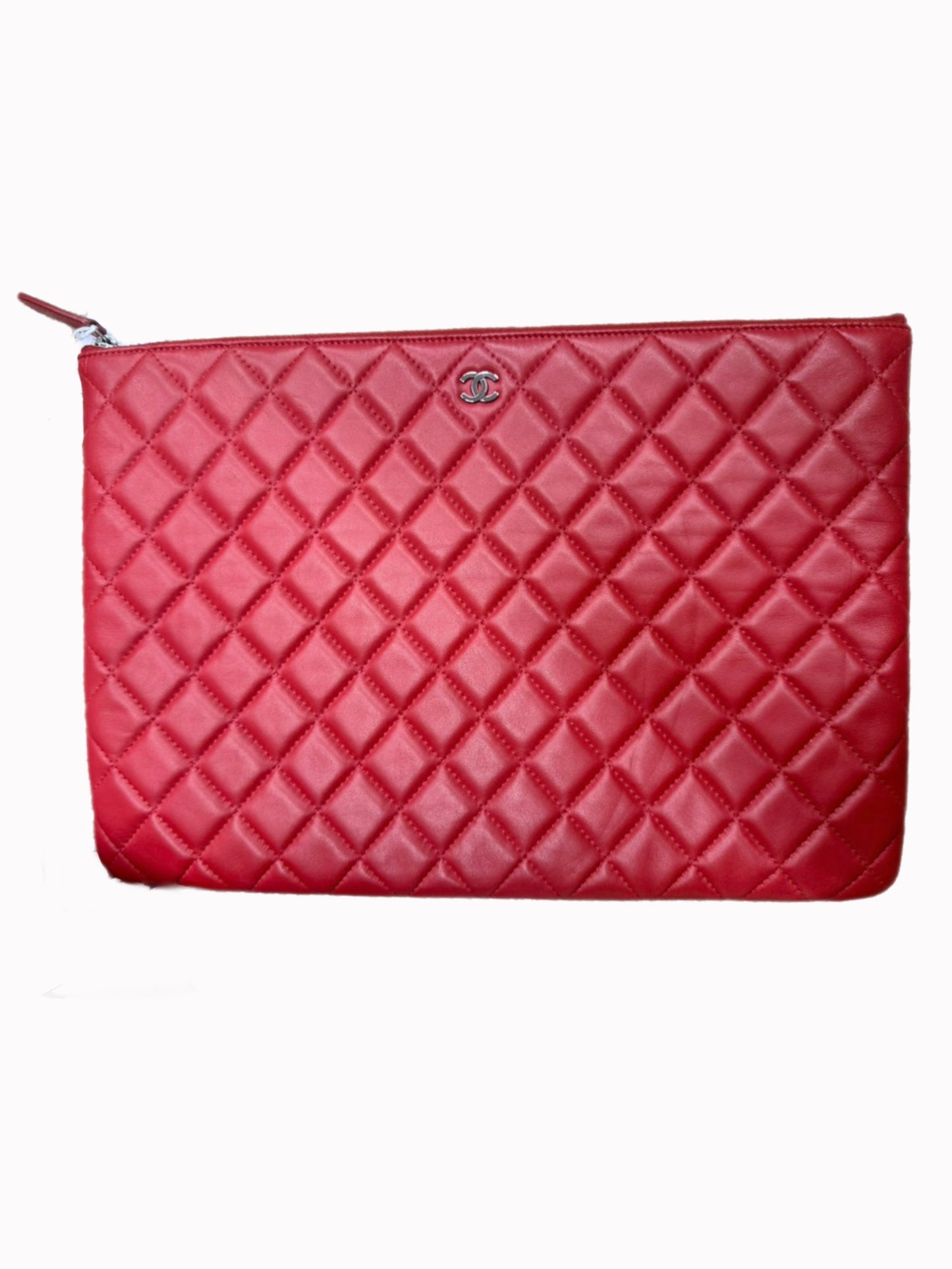Chanel Red Quilted Leather Zip Clutch