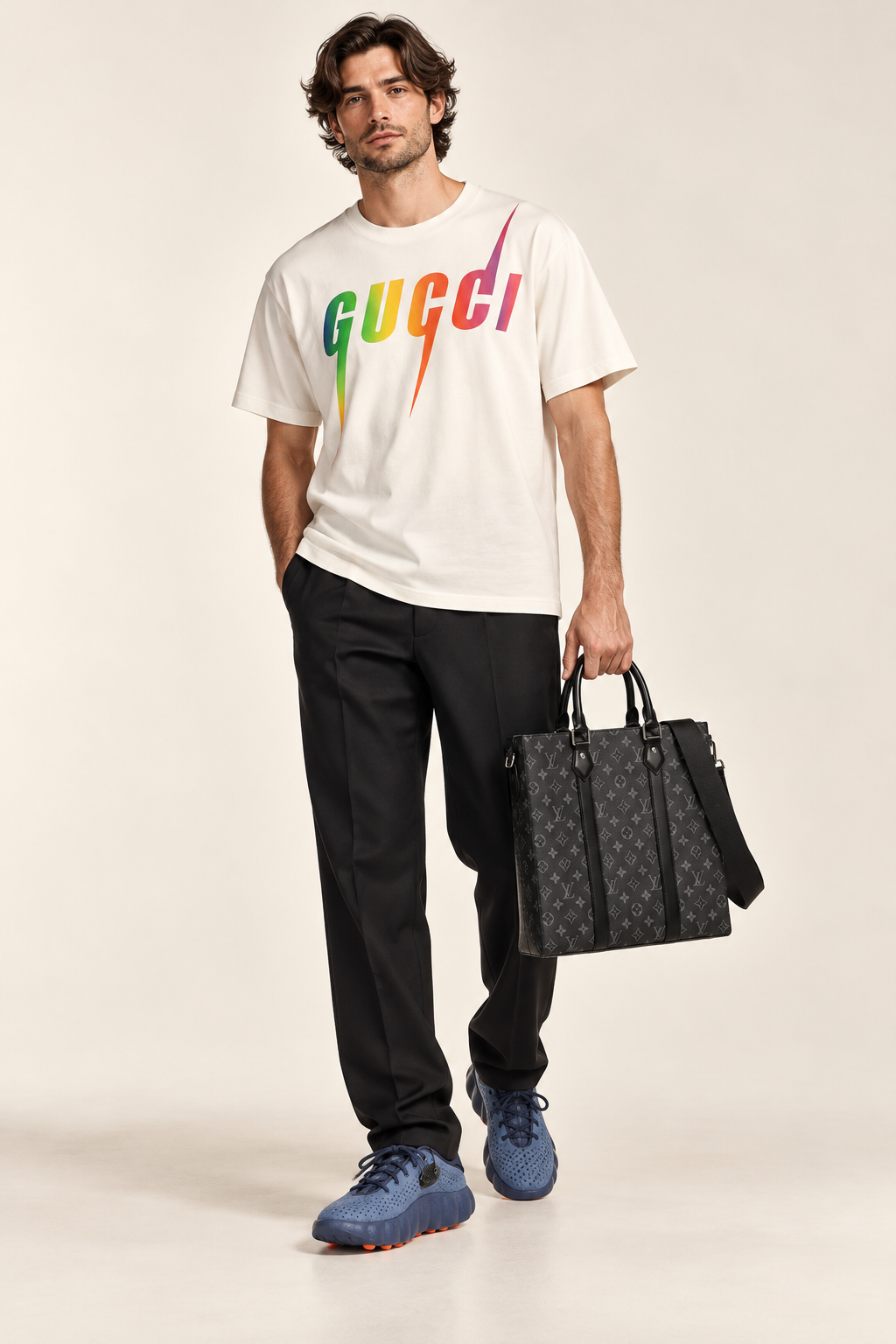 Electric Weekend: Gucci lightning T-shirt, Louis Vuitton crossbody and blue Nike sneakers on a male model